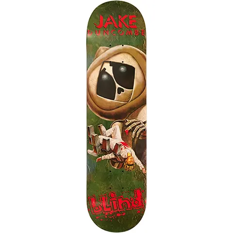 Blind Jake Duncombe Robot Kenny skateboard deck: Painted scene of a giant hooded robot with a skull-like square face, holding a fallen blonde figure in white clothes with a bloodied chest. Rider name in red at the top, Blind logo at the bottom, on a mottled green background.