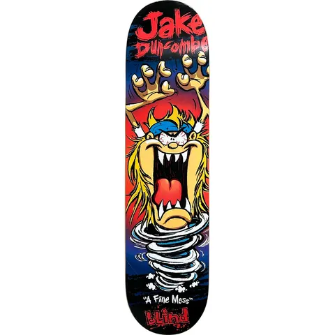 Blind Jake Duncombe Wild Man skateboard deck: Cartoon wild man in the style of a spinning Tasmanian devil, with shaggy blonde hair, blue bandana, wide fanged mouth and clawed hands raised, rising from a whirlwind against a red and blue backdrop.