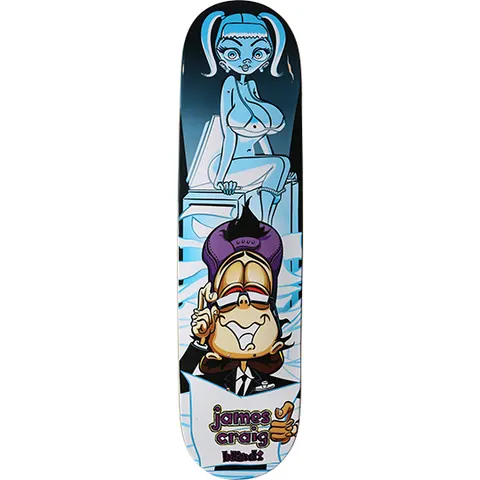 Blind James Craig Copy Machine skateboard deck: Cartoon of a grinning, blindfolded office worker in a suit and purple chair pointing upwards, with a large-breasted pigtailed girl in pale blue sitting on a photocopier behind him as paper streams out. Rider name and Blind logo at the tail.