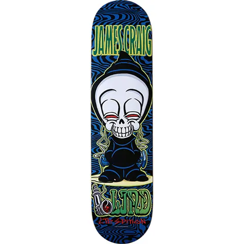 Blind James Craig High Times skateboard deck: Cartoon grim reaper with a big grinning skull and red eyes, smoke curling from its mouth, sitting beside a bong, on a blue and black psychedelic swirl background. Name in yellow-green lettering at the top and Blind logo at the tail.