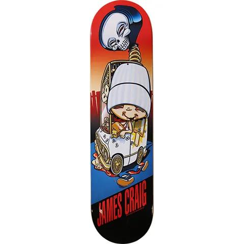 Blind James Craig Ice Cream Man skateboard deck: Cartoon ice cream vendor in a tall white hat dripping in an ornate wheeled cart, a large skull and spring hanging above, on a red-to-blue background. 'James Craig' in red lettering at the base.