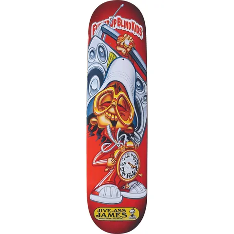 Blind James Craig Jive-Ass James skateboard deck: Cartoon character in a red tracksuit and white trainers, wearing a white cap and gold sunglasses, with a boombox and an alarm clock. The artwork imitates a trading-card style on a red background, with a yellow name plate at the bottom.