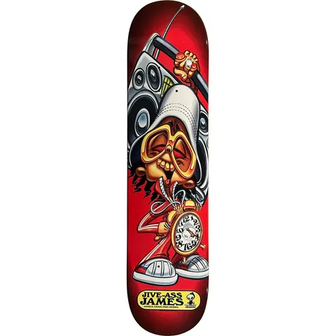 Blind James Craig Jive-Ass James (pg version) skateboard deck: Red deck with an airbrushed cartoon character in a white bucket hat and yellow-framed shades, hauling a boombox on his shoulder and holding a gold alarm clock, in white trainers. A yellow label reads Jive-Ass James.