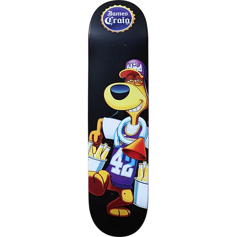 Blind James Craig Party Pooch skateboard deck: A grinning cartoon dog in a purple Blind cap and number 42 jersey with a towel round its neck, carrying two buckets of beer bottles and a megaphone, on a black deck with a bottle-cap logo at the top.
