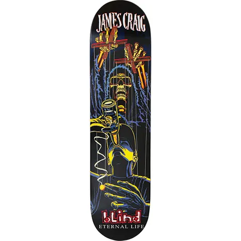 Blind James Craig Puppet skateboard deck: Skeletal puppeteer with sunglasses and a hooded cloak working marionette strings from wooden crosses, controlling a figure drinking from a bottle while holding a cigarette. Rider name at the top, Blind logo at the bottom.