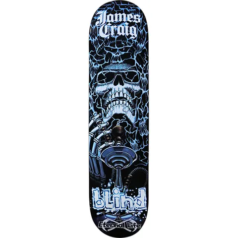 Blind James Craig Purple Haze skateboard deck: Hooded skull exhaling smoke while a skeletal hand holds a hookah pipe, rendered in electric blue and white with lightning-like cracks on black. Rider name in gothic lettering at the top and Blind logo at the bottom.