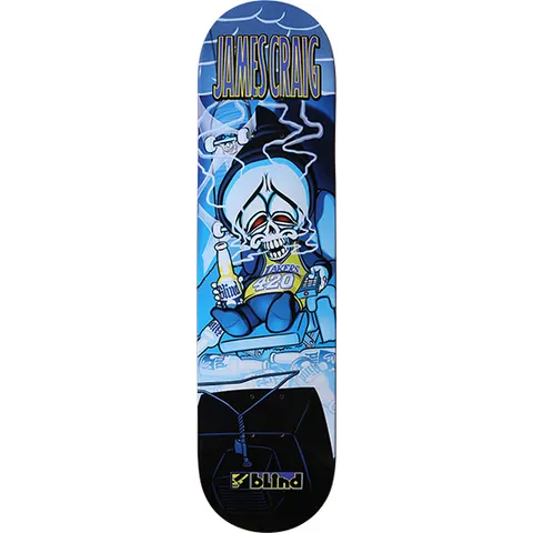 Blind James Craig Reaper 420 skateboard deck: Cartoon hooded grim reaper skull in a Lakers 420 jersey sits smoking and holding a beer bottle, with empty bottles around and a TV set below. A skateboard flies at upper left, in blue tones; Blind logo at the tail.