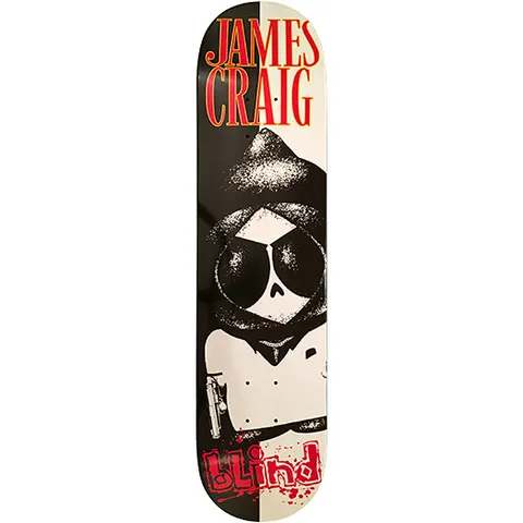 Blind James Craig Scarface Kenny skateboard deck: Split black and cream background with a stencil-style hooded figure in large sunglasses and a skull face, holding a pistol, in a dinner jacket. Red James Craig name at top and blood-splattered Blind logo at the bottom.