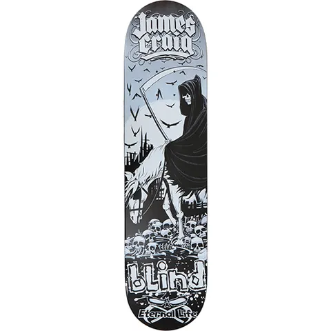 Blind James Craig White Horse skateboard deck: Grim reaper in a black cloak with scythe riding a white horse over a pile of skulls, with crows and a ruined city behind, in black, white and grey. James Craig in gothic lettering above, Blind logo and Eternal Life below.