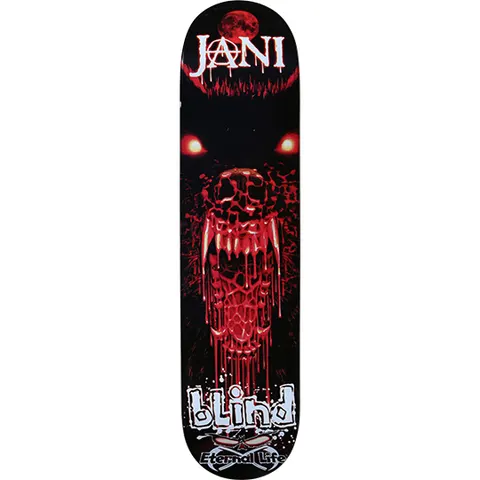 Blind Jani Laitiala Bad Wolf skateboard deck: Snarling wolf head in red and black with glowing eyes, bared fangs and blood dripping from its open mouth, under a blood-red moon. JANI in gothic lettering with an anarchy A at the nose, Blind logo at the tail.