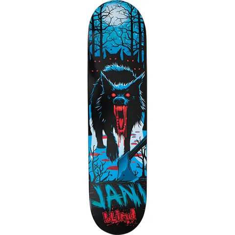 Blind Jani Laitiala Wolves skateboard deck: Snarling bloody-mouthed wolf with glowing red eyes stalking through a moonlit snowy forest, a bloodied axe in the foreground and more red-eyed wolves lurking behind. Dark blue, black and red palette.