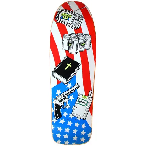 Blind Jason Lee American Icons skateboard deck: American flag background with a stack of objects drawn in black and white outline: a television, six-pack of beer, bible with a cross, revolver and a packet of cigarettes bearing the Blind logo. Jason Lee logo at the top.