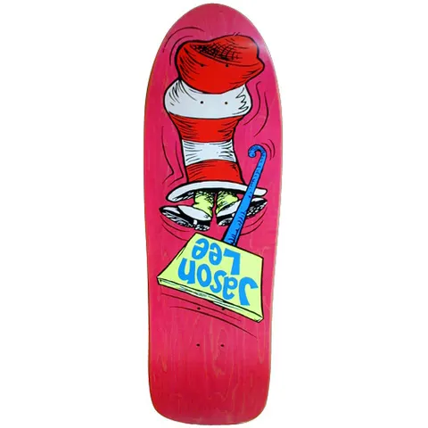 Blind Jason Lee Cat in the Hat Mini skateboard deck: Cartoon of the Cat in the Hat's striped red and white hat and legs upside down, balanced on a broom, with the rider's name in blue lettering on a yellow dustpan. Pink stained wood background.