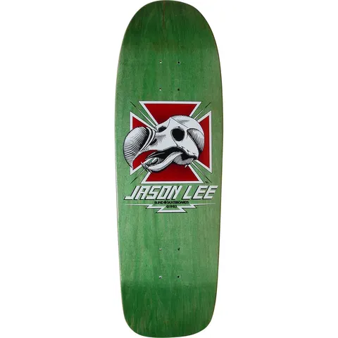 Blind Jason Lee Dodo Skull skateboard deck: A dodo skull with an open beak and tongue sits on a red Maltese-style cross with green rays, above 'Jason Lee' and a Blind Skateboards 1983 line, on a green-stained old-school shape.