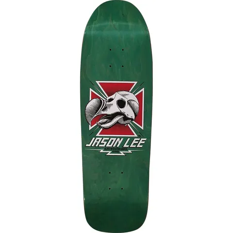Blind Jason Lee Dodo Skull Reissue skateboard deck: A white dodo skull with an open beak sits in front of a red Maltese-style cross with radiating lines, above 'Jason Lee' in white lettering and small Blind copyright text, on a green-stained old-school shape.