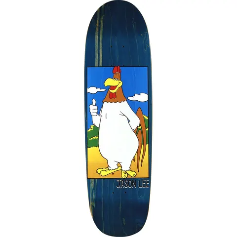 Blind Jason Lee WB Ripoff Series skateboard deck: A cartoon rooster giving a thumbs-up in a framed scene of blue sky, clouds and grass, with the name JASON LEE below, on a blue-stained deck.
