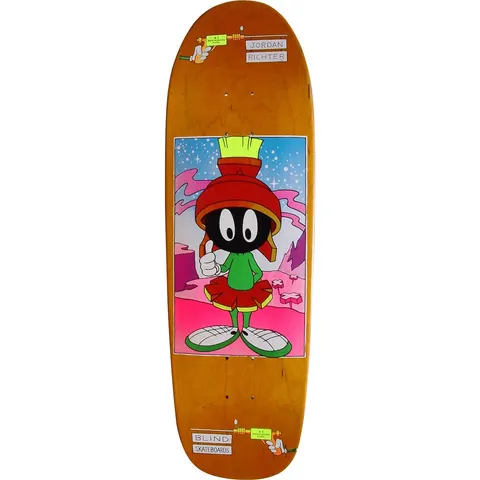 Blind Jordan Richter WB Ripoff Series skateboard deck: A cartoon Martian in a red helmet with a green skirt gives a thumbs up on a pink alien landscape. Small ray guns and name labels at nose and tail on a natural wood stained, old-school shaped deck.