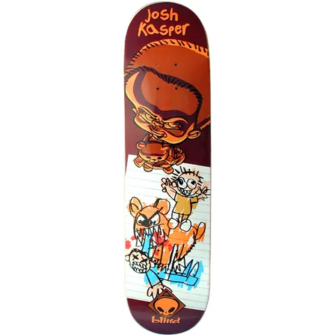Blind Josh Kasper Bad Boy Series skateboard deck: A big-headed, scowling cartoon boy with a bowl cut clutches a teddy bear above a lined notebook page showing a child's crayon drawing of a snarling cat attacking a stick figure. The rider's name is in orange handwriting at the top, with a Blind logo below.
