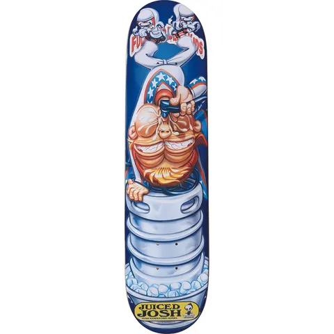 Blind Josh Kasper Juiced Josh skateboard deck: Airbrushed cartoon of a grinning man upside down in a handstand on a beer keg on ice, wearing a stars-and-stripes cape and white boots, on a blue deck. A yellow name plate sits at the bottom.
