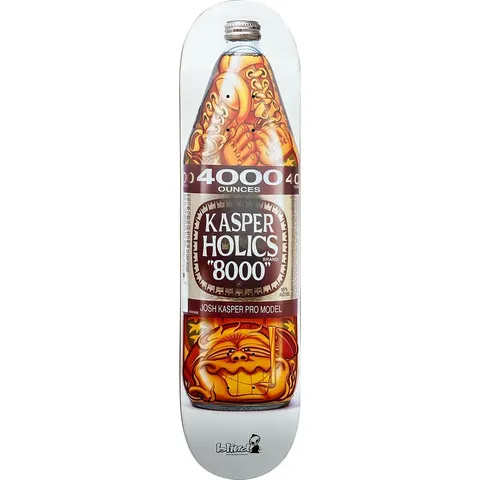 Blind Josh Kasper Kasperholics skateboard deck: Parody of a large malt liquor bottle label running the length of the deck, reading 4000 Ounces and Kasperholics 8000. Orange-amber graphic characters fill the bottle, with a grinning monster face at the base and the Blind logo at the tail.