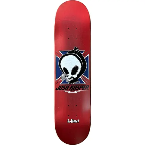 Blind Josh Kasper Reaper Dodo Skull skateboard deck: Blind's hooded reaper character with a cracked white skull face and a tongue, over a blue iron cross with a lightning bolt, with JOSH KASPER across it. Blind logo at the tail on a red stained deck.