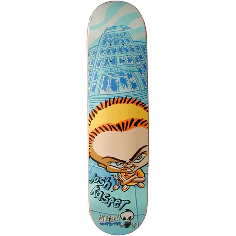 Blind Josh Kasper Slingshot skateboard deck: Cartoon spiky-haired kid with a scowl, seen from above, holding a slingshot in front of a school building with smashed windows, on a pale blue ground. Rider name in blue and a Blind reaper logo at the tail.