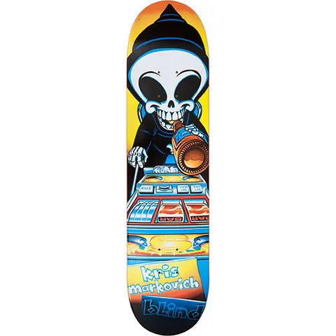 Blind Kris Markovich Gambling Series (unreleased one-off) skateboard deck: The Blind reaper character, a big-eyed skull in a black hood, drinks from a bottle while operating a slot machine against a yellow and orange background. Rider name and Blind logo in blue lettering at the bottom.