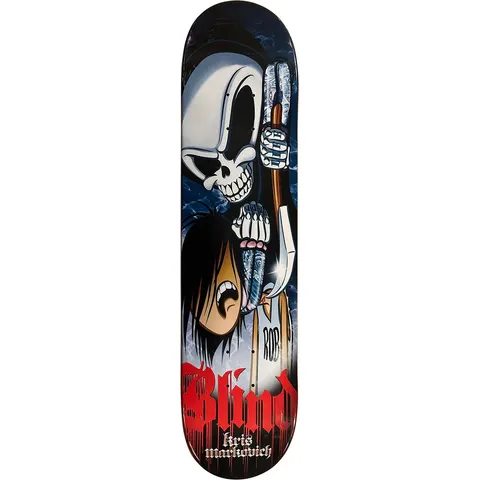 Blind Kris Markovich Hard Life skateboard deck: Cartoon grim reaper in a white hood with a tattooed skeletal hand gripping a scythe, looming over a screaming black-haired character. Red dripping Blind lettering and Kris Markovich at the bottom.