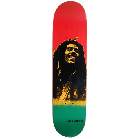 Blind Lavar McBride Bob Marley skateboard deck: Black and gold screen-print portrait of a smiling man with dreadlocks over red, gold and green horizontal bands, with the rider's name in small black type at the bottom.