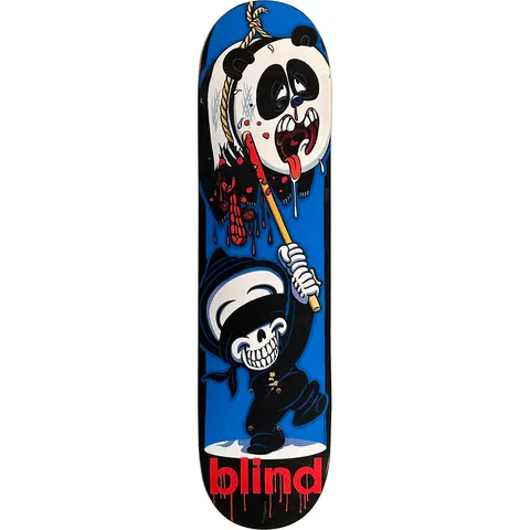 Blind Piñata skateboard deck: Cartoon reaper character in a sailor-style hat swinging a stick at a bloodied panda hanging from a noose like a piñata, on a blue background. Dripping red 'blind' lettering at the tail.