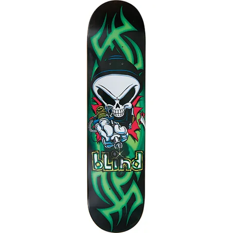 Blind Poison skateboard deck: Hooded Blind reaper skull holding a tattoo machine in a white-gloved hand, set against green tribal-style flame shapes on a black deck, with a yellow-outlined blind logo beneath.