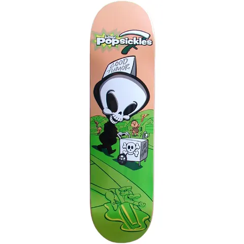 Blind Popsickles skateboard deck: Cartoon Grim Reaper with a big skull head pushes an ice-cream cart marked with a skull and crossbones through a green suburban landscape. A paper hat reads Good Tumor, and a melted lolly lies in the foreground.