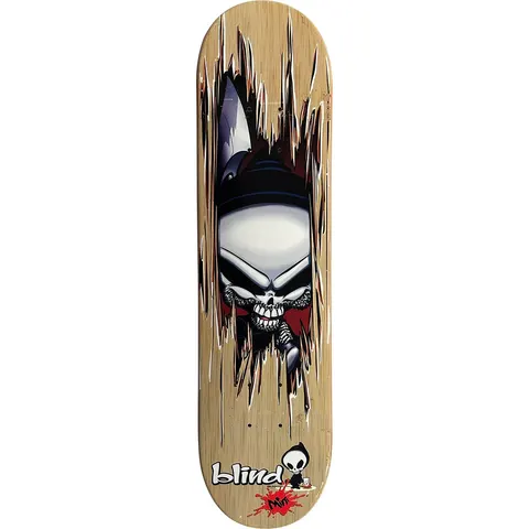 Blind Reaper Axe (mini) skateboard deck: Blind reaper skull with a bearded chin and a helmet-like hood bursting through torn wood, with an axe blade behind. Small Blind logo with a mini reaper character and red splat at the bottom. Natural wood background.