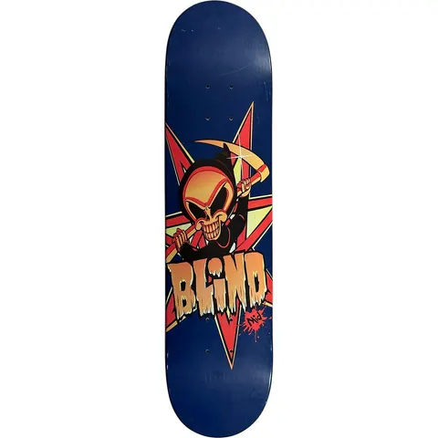 Blind Reaper Collector skateboard deck: Navy deck with a cartoon grinning reaper skull in a black hood, holding a scythe, in front of a red and yellow star. The Blind name sits below in dripping orange letters with a small red signature splat.