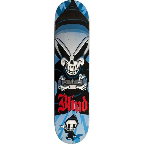 Blind Reaper Controller skateboard deck: A grinning cartoon Grim Reaper skull in a black hood holds a radio-control transmitter, while a tiny skeleton reaper with a dagger runs below. The red gothic Blind logo sits between, on a blue lightning-burst background.