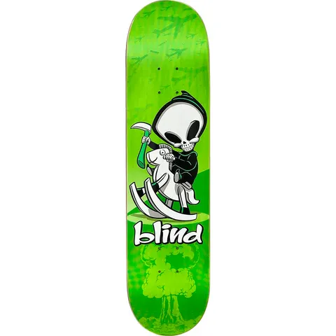 Blind Reaper Crazy Horse skateboard deck: Cartoon Blind reaper in a black hood riding a white rocking horse and holding a scythe, with the blind logo below and a faint mushroom cloud on a bright green deck.
