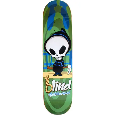 Blind Reaper Noose skateboard deck: Green deck with swirling concentric patterns and blue shapes behind the cartoon Blind reaper: a big-skulled hooded figure holding an axe. The 'b' of the blind logo is a hangman's noose, with blue 'skateboards' beneath.