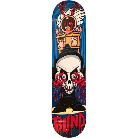 Blind Reaper Peepers skateboard deck: Cartoon reaper in a dark hood holding up bloody hands to its tear-filled bulging eyeballs, with a screaming baby in a high chair above with blood streaming from its head. Dripping red 'BLIND' lettering.