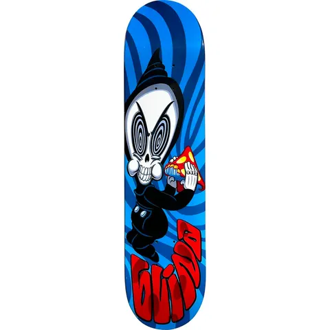 Blind Reaper Shroompa Loompa skateboard deck: Cartoon Blind reaper with a swirly-eyed skull face and black hood, biting a mushroom, against a blue spiral background, with red bubble lettering at the bottom.