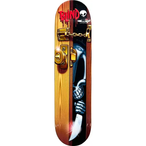 Blind Reaper Slasher skateboard deck: Wooden door with brass lock and chain, opened slightly to reveal a Blind reaper skull in the dark gap gripping a gleaming knife. Red dripping Blind lettering and a small skull logo at the top.