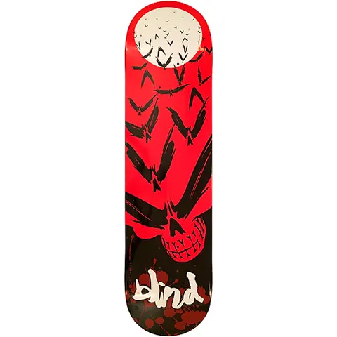 Blind Reaper Swarm skateboard deck: Flock of black brushstroke reapers flying up from a grinning skull towards a pale full moon at the nose, on a red deck fading to black with blood splatters. Blind logo in cream script at the tail.