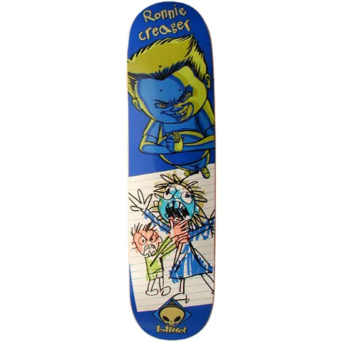 Blind Ronnie Creager Bad Boy Series skateboard deck: Cartoon of an angry blond boy in blue clutching a crumpled paper, above a child's crayon drawing on lined paper of a screaming figure. Rider's name in yellow at the top and a Blind skull logo at the bottom.