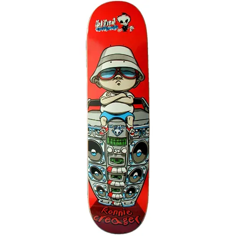 Blind Ronnie Creager Boombox skateboard deck: Cartoon baby in a bucket hat and red sunglasses, arms crossed, sitting on top of a large stacked boombox with speakers and cassette decks. Red background, Blind logo with skull at the top.