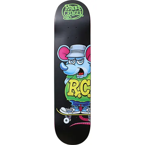 Blind Ronnie Creager Captain Creepy skateboard deck: Cartoon blue rat in a bucket hat and green R.C. shirt, standing on a skateboard in sneakers with a pink tail. Ronnie Creager name in a green badge at the top of a black deck.