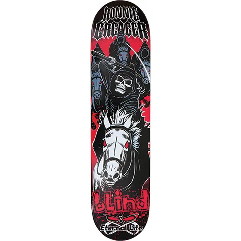 Blind Ronnie Creager Four Horsemen skateboard deck: Hooded skeleton reaper on a white horse with red eyes, charging forward with a scythe, with more cloaked riders behind against red splatter. Name in gothic lettering at top, Blind and Eternal Life logos below.