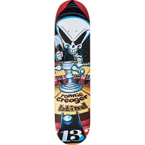 Blind Ronnie Creager Gambling Series skateboard deck: Cartoon Blind reaper in a black hood grips a scythe and a drink behind a casino roulette wheel and ball, with red, yellow and black segments. Rider name and Blind logo on the wheel and a number 13 at the tail.