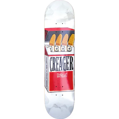 Blind Ronnie Creager Good Habits Series skateboard deck: A red and white cigarette packet with a health warning on the side, open to show four cigarettes drawn as skateboard trucks with wheels. CREAGER and the Blind logo are on the front, on a white deck with grey smoke clouds.