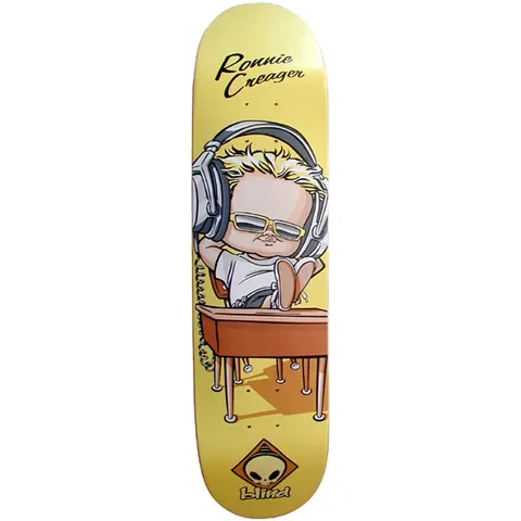 Blind Ronnie creager Headphonze skateboard deck: Cartoon baby with blond spiky hair and gold sunglasses wearing large headphones, feet up on a school desk, on a yellow deck. Blind skull diamond logo at the bottom.