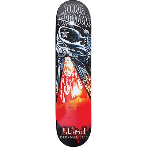 Blind Ronnie Creager Messenger skateboard deck: A hooded grim reaper skeleton with a scythe stands against a starry black sky, holding a beam of red light that fills the lower half like a blood-red drop. Gothic Ronnie Creager lettering at the top and Blind logo at the bottom.