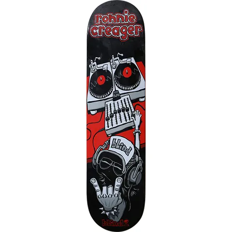 Blind Ronnie Creager Mixmaster 2 skateboard deck: Cartoon DJ with headphones, spiked wristband and a Blind cap throwing a rock-hand sign, behind a pair of turntables and mixer forming a face, on a red and black deck.